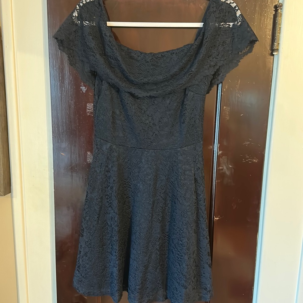 Off the shoulder navy blue lace dress.